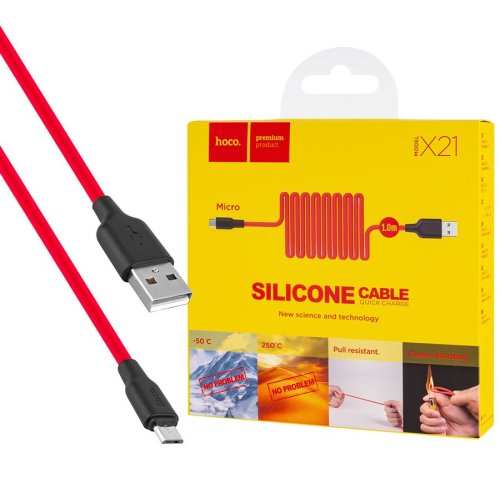 Кабель HOCO X21 USB to Micro 2A 1m silicone TPE connectors Чорний+Червоний