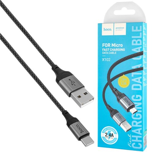 Кабель HOCO X102 USB to Micro 2.4A 1m nylon aluminum connectors Чорний