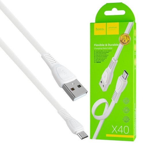 Кабель HOCO X40 USB to Micro 2.4A 1m TPE TPE connectors White