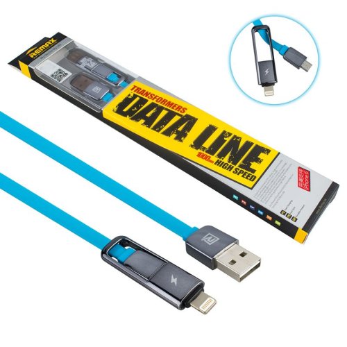 Кабель REMAX TRANSFORMER 2 в 1 для iphone и microUSB  синий  1м