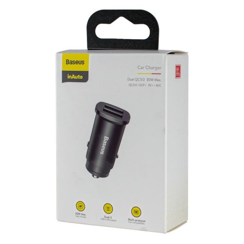 Автомобільний зарядний пристрій Baseus Square metal A+A 30W Dual (QC3.0/SCP/AFC) чорний