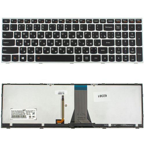 Клавіатура для ноутбука Lenovo G50-30, G50-45, G50-70, Z50-70, Z50-75, Flex 2-15 — чорна, срібляста рамка, підсвітка клавіш, розкладка RU