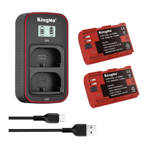 Набір KingMa LP‑E6NH: 2 акум + подвійна зарядка, для Canon EOS R5/R6/5D IV/6D II/7D II