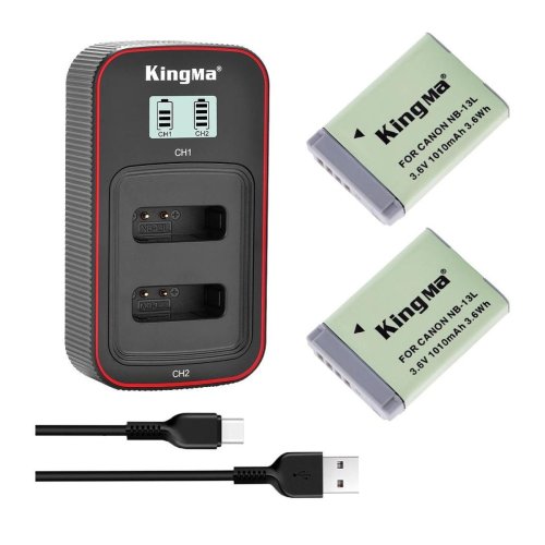 Набір KingMa NB-13L: 2 акум + зарядка на 2, для Canon G5X/G7X/G9X/SX720HS, IXUS 285HS/190/180/175/170/165/160/155/150/145/140/135/132/130/125/120/117/115/110/105/100, PowerShot ELPH 360HS/190/180/175/170/165/160/155/150/145/140/135/130/125/120/110/100/530