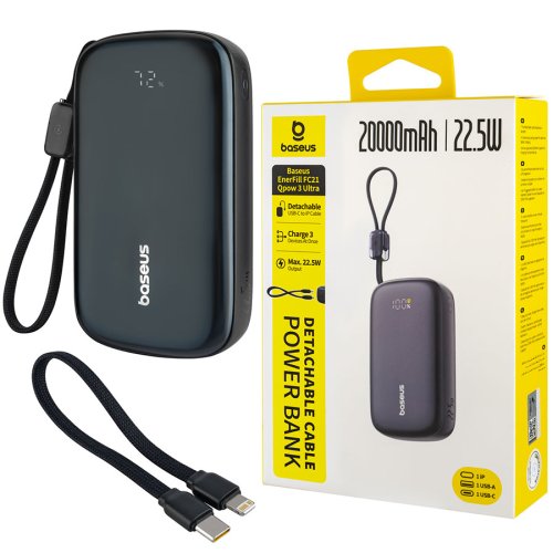 Павербанк Baseus EnerFill FC21 Qpow 3 Ultra 20000мА·год 22.5W, дисплей, знімний кабель, Cosmic Black (E0027M00)