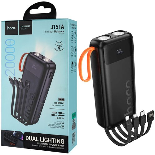 Мобільна батарея HOCO J151A Spirit 20000mAh з ліхтариком, чорна (6942007653374)