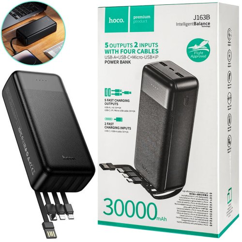 Павербанк HOCO J163B Wonderful 30000 мА·год, 4 вбудовані кабелі, чорний