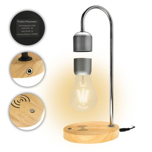 Левітуюча лампа-нічник «Лампочка» на напівкруглій стійці, silver, дерево