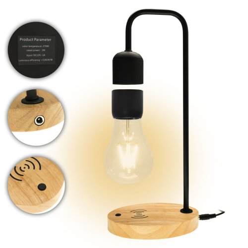 Левітаційна лампа-нічник «Лампочка» на квадратній підставці, чорна, дерево