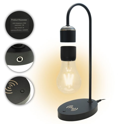 Левітаційна лампа-нічник «Лампочка» на напівкруглій підставці, чорна