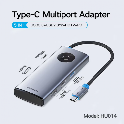 USB‑C хаб 5‑в‑1 Mindpure HU014: USB 3.0, 2×USB 2.0, HDMI, PD