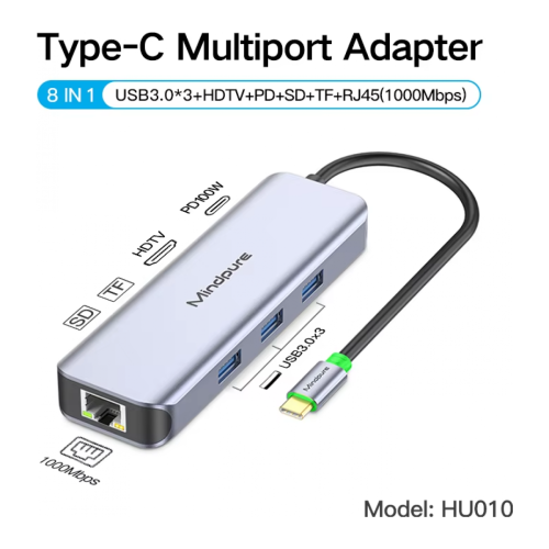 Адаптер Mindpure HU010 8-в-1 USB‑C: 3×USB 3.0, HDMI, PD, SD/TF, Gigabit RJ45