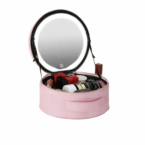 Дорожній органайзер-косметичка NiceLand з екошкіри з LED-дзеркалом і підсвіткою, рожева