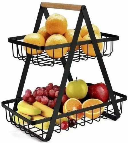 Настільна двоярусна фруктівниця Double Fruit Basket, розбірний металевий кошик з дерев’яною ручкою