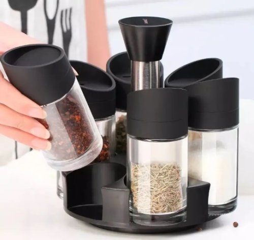 Набір для спецій Especia: 6 баночок на підставці-каруселі, спецівниця для приправ, чорна