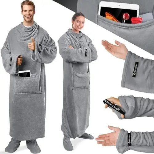 Плед-халат oversize довгий з кишенями з м’якого поліестеру, худі-плед (плед-кофта)