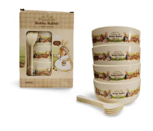 Дитячий набір посуду Bobby Rabbit: 4 тарілки з ложечками (набір дитячих тарілок)