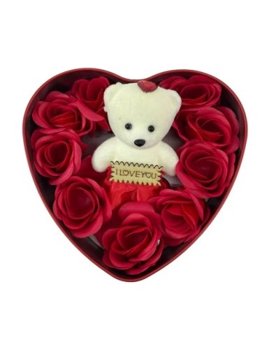 Подарунковий набір сувенірного мила: ведмедик і трояндочки в коробочці-сердечку