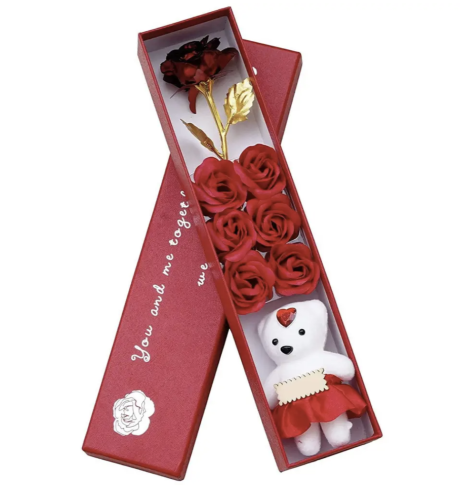 Подарункова коробка: троянди та ведмедик, квітковий набір із мила