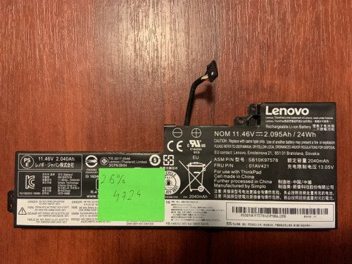 Акумулятор B4724 для Lenovo ThinkPad T470/T480/A475/A485/A285 SB10K97578 (знос 27%) Original