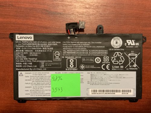 Акумулятор Lenovo SB10L84121 (знос 48%) для ThinkPad T570 T580 P51s P52s 00UR890-892 01AV493