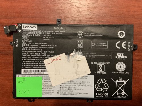 Акумулятор Lenovo L17L3P52, знос 68%, для L490/L580/L590/E485/E490/E590/L14 Gen 1 (01AV464/65/66)