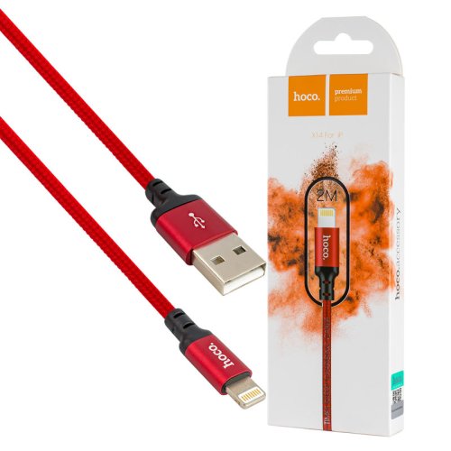 Кабель HOCO X14 USB–iP 2A 2м, нейлон, алюмінієві конектори, чорно-червоний
