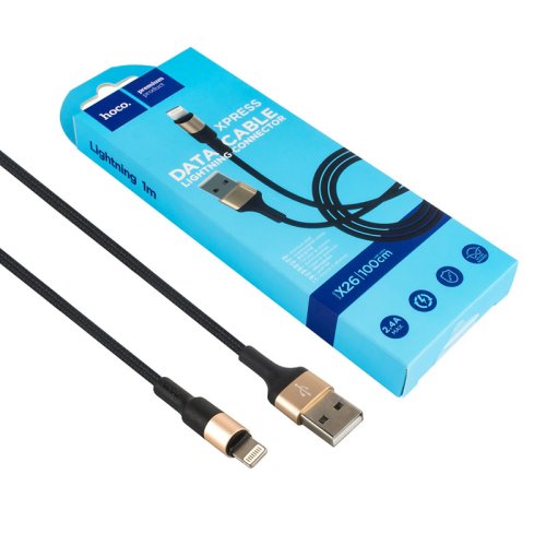 Кабель HOCO X26 USB–iP, 2A, 1 м, нейлон, алюмінієві конектори, чорний/золото