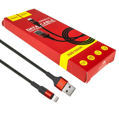 Кабель HOCO X26 USB‑iP 2A 1 м, нейлон, алюмінієві конектори, чорний/червоний