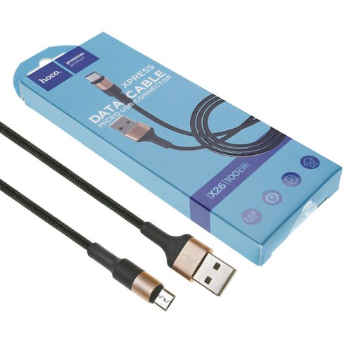 Кабель HOCO X26 XPress USB–MicroUSB 2A 1 м нейлон, алюм. конектори, чорний/золото