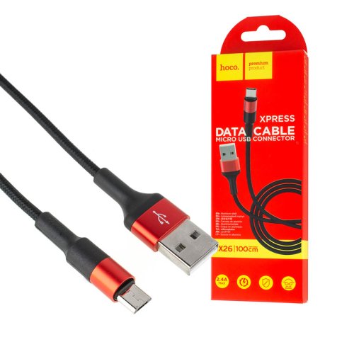 Кабель HOCO X26 XPress USB–MicroUSB 2A 1 м, нейлон, алюм. конектори, Black/Red