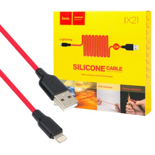 Кабель HOCO X21 Plus USB–iP 2.4A 1 м, силіконовий, силікон. конектори, Black/Red