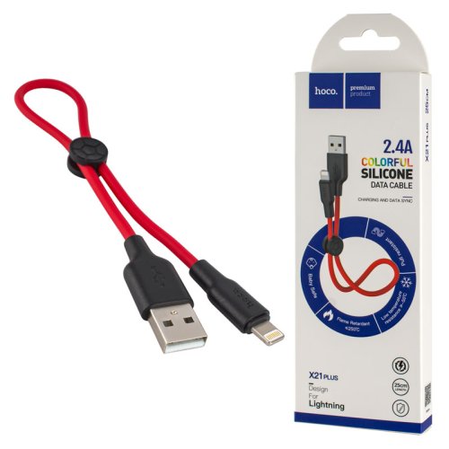 Кабель HOCO X21 Plus USB–iP 2.4A 0,25 м силіконовий із силіконовими конекторами Black/Red