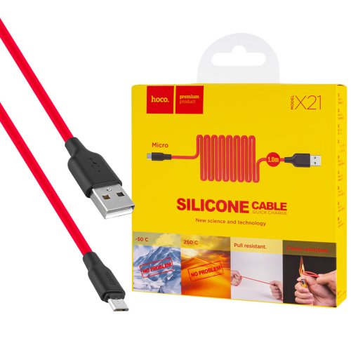 Кабель HOCO X21 USB–MicroUSB 2A 1 м, силіконовий, конектори TPE, чорно‑червоний
