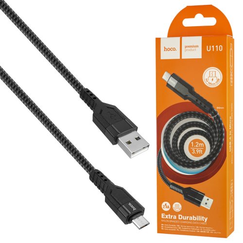 Кабель HOCO U110 USB–MicroUSB 2.4A 1.2м нейлон, алюм. конектори, чорний