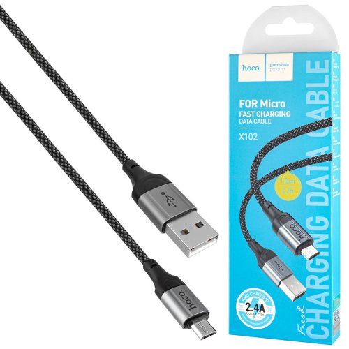 Кабель HOCO X102 USB–MicroUSB 2.4A 1 м, нейлон, алюмінієві конектори, чорний