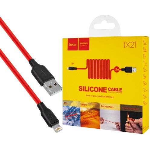 Кабель HOCO X21 USB–iP 2A 1 м, силікон, конектори TPE, чорний/червоний