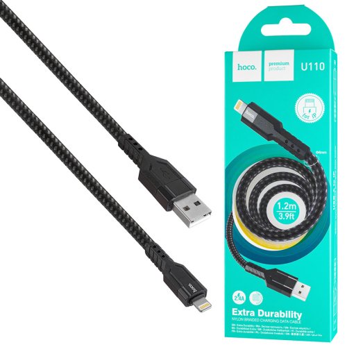 Кабель HOCO U110 USB–Lightning 2.4A 1.2 м нейлон, алюм. конектори, чорний (6931474770561)