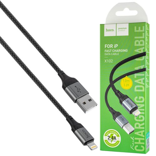 Кабель HOCO X102 USB–iP 2.4A 1 м, нейлон, алюмінієві конектори, чорний