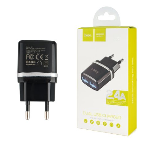 Зарядний пристрій HOCO C12 Smart 2xUSB (2U) 12W, чорний (6957531063094)