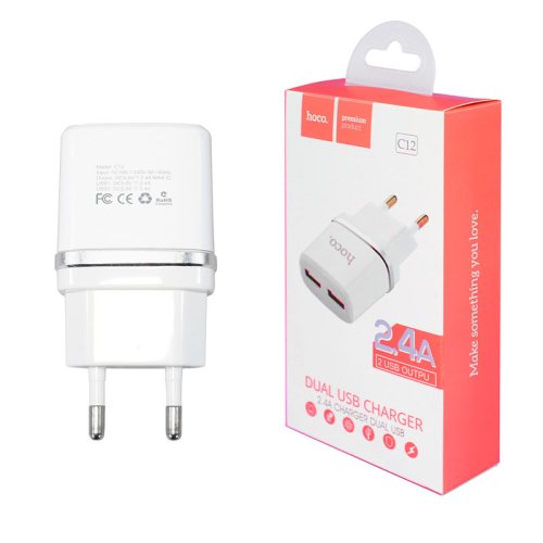 Мережевий зарядний пристрій HOCO C12 Smart 2×USB 12W, білий (6957531047759)