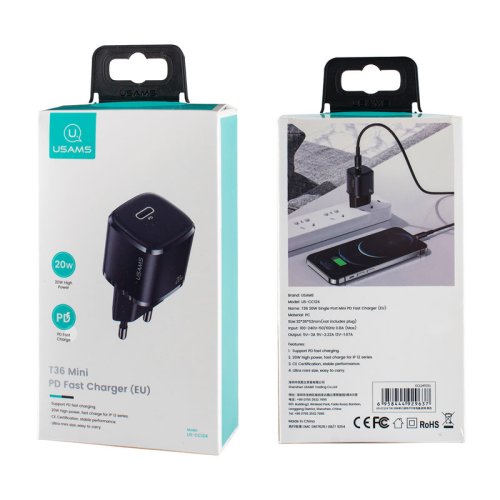 ЗП Usams US-CC124 T36 20W Super Si, PD Fast Charger (EU), чорне