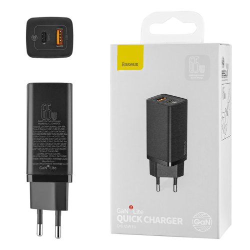 ЗП Baseus GaN2 Lite 65W Quick Charger USB-C+USB-A EU, чорний (CCGAN2L-B01) + подарунок ID50697