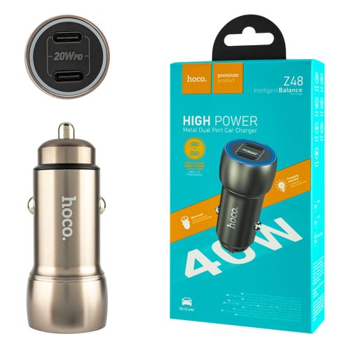 Автомобільний зарядний HOCO Z48 Tough 40W, 2×USB-C (dual port), Metal Gray