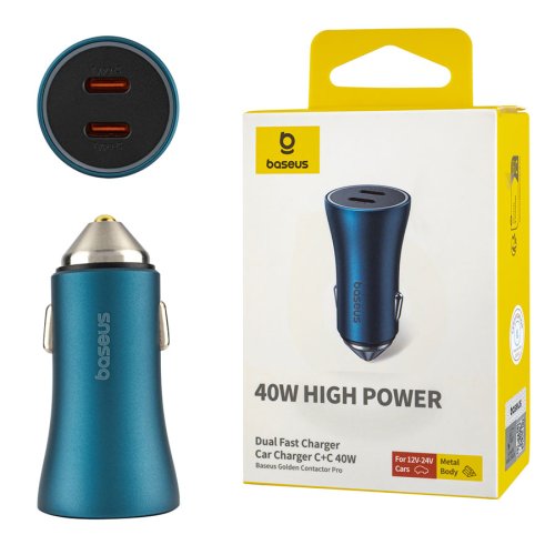 Автозарядка Baseus Golden Contactor Pro 40W, 2×USB‑C, швидка зарядка, синя (CGJP000003)