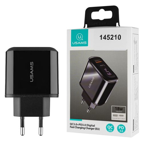 Зарядний пристрій Usams US-CC085 T23 18W QC3.0+PD3.0 з цифровим дисплеєм, чорний (CC85TC01)
