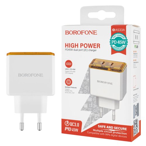Зарядний пристрій BOROFONE BAS33A 2×USB-C PD/QC 45W, білий (6941991110719)
