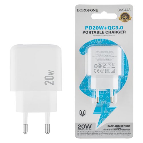 Мережевий зарядний пристрій BOROFONE BAS44A 20W PD/QC, USB-C+USB, білий (6941991113840)