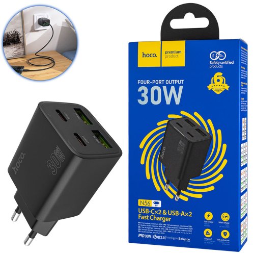 Зарядний пристрій HOCO N56 Fundador 2C+2U PD 30W, чорний (6942007632492)