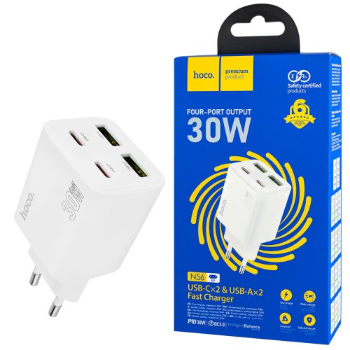 Зарядний пристрій HOCO N56 Fundador 2×USB‑C+2×USB PD 30W, білий (6942007632508)